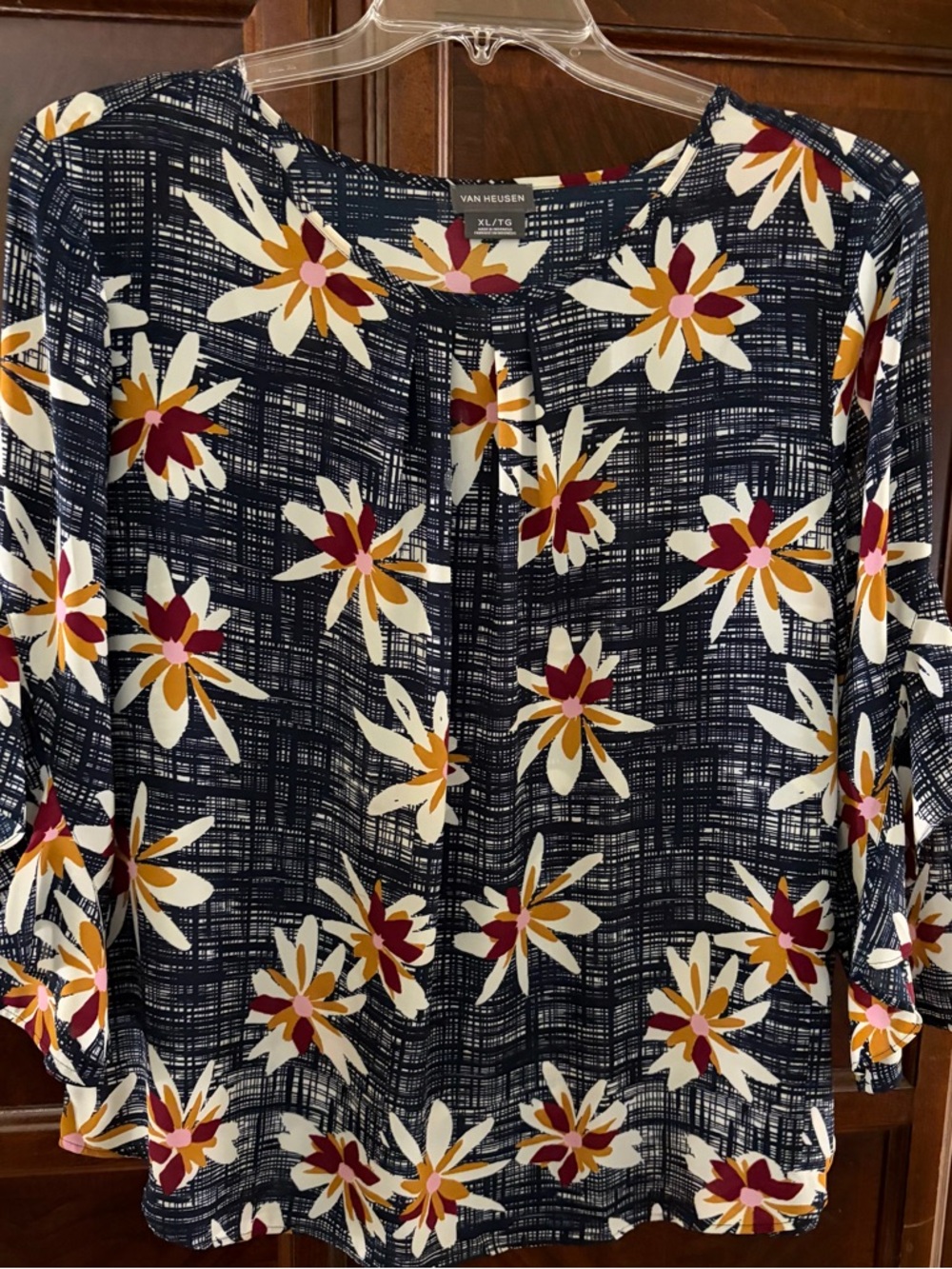 Van Heusen Navy Floral Blouse with White, Mustard & Burgundy Accents